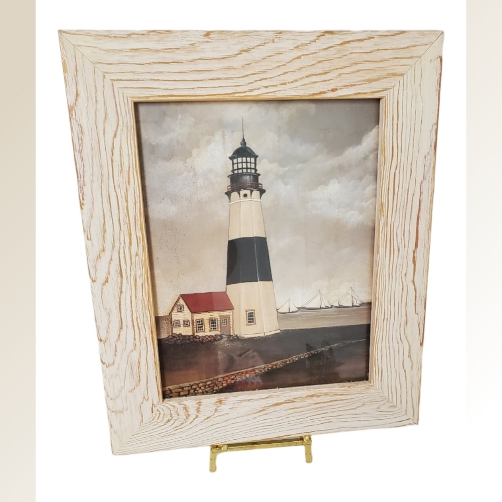 Vintage Whte Washed Framed Lighthouse Print Nautical Beach Ocean Themed Picture